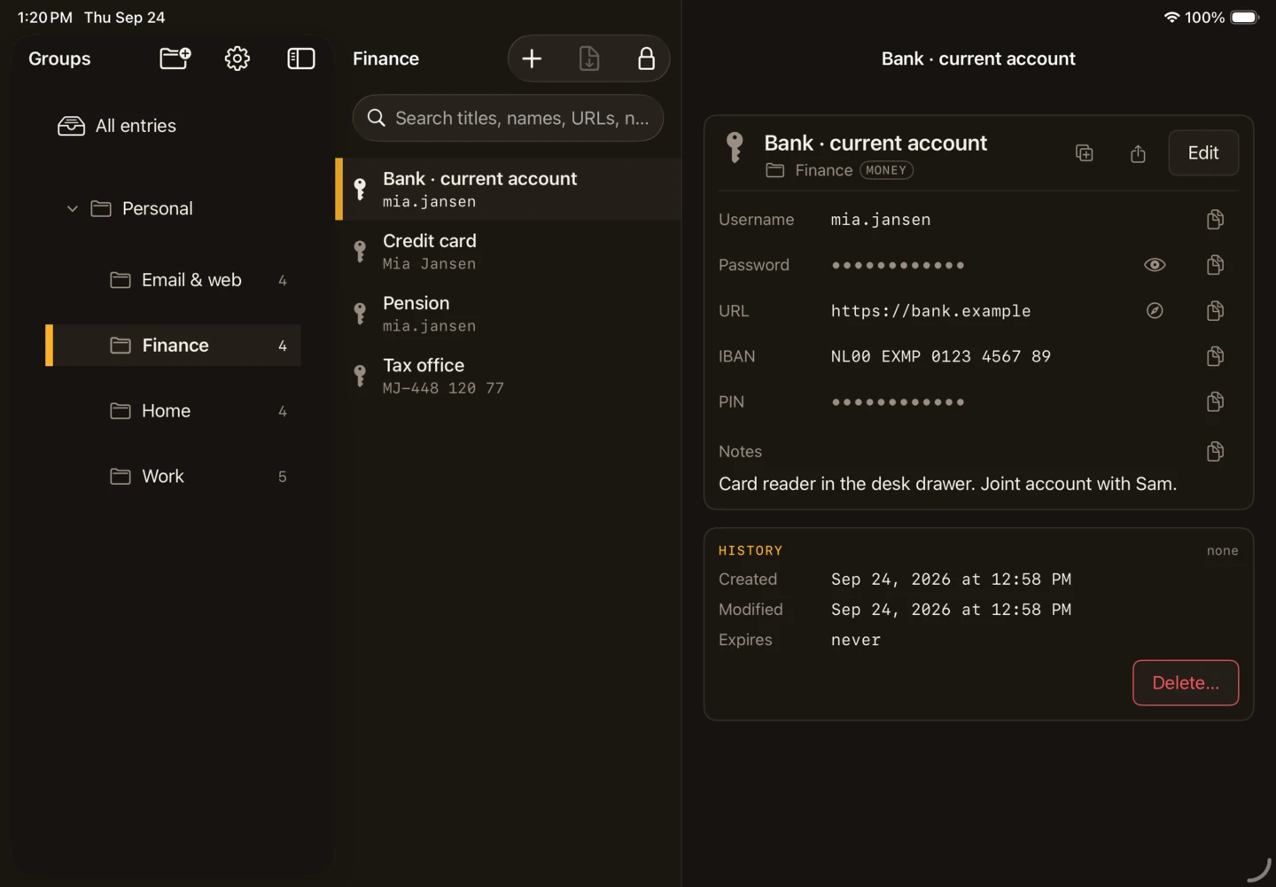 Keepasso on an iPad in landscape: the groups Email and web, Finance, Home and Work in the sidebar with Finance selected, its four entries in the middle, and the Bank current account entry on the right with its password, PIN and IBAN.