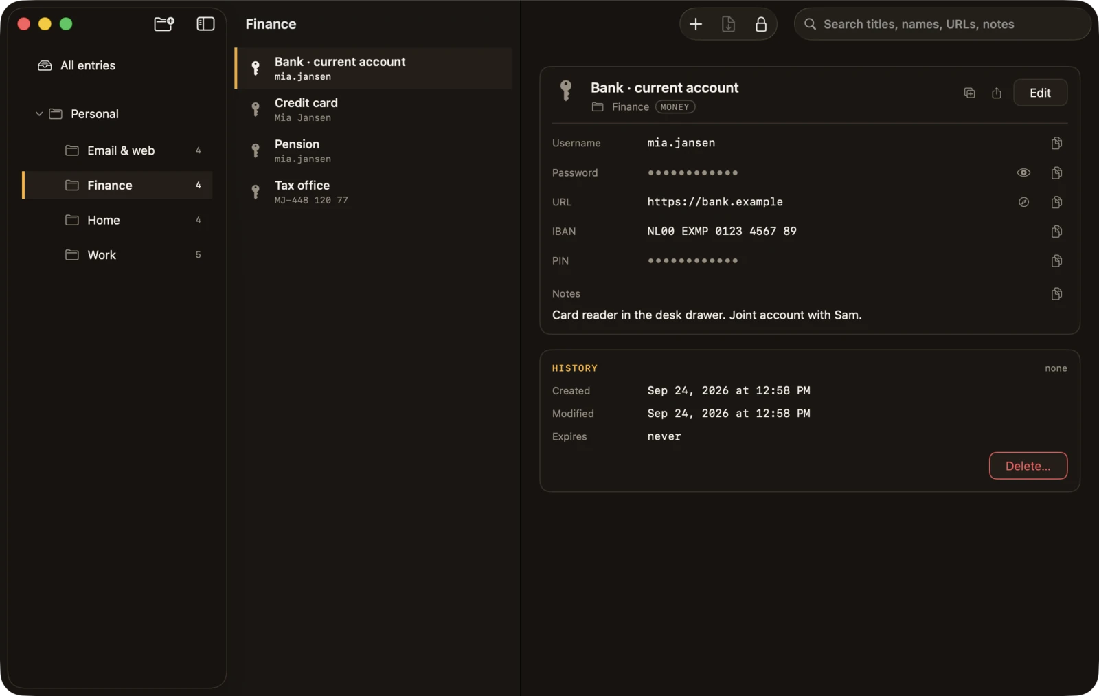 Keepasso on a Mac in the dark theme: the group tree with Finance selected by an amber rail, the Bank current account, Credit card, Pension and Tax office entries, and the Bank entry's fields, all passwords as twelve dots.