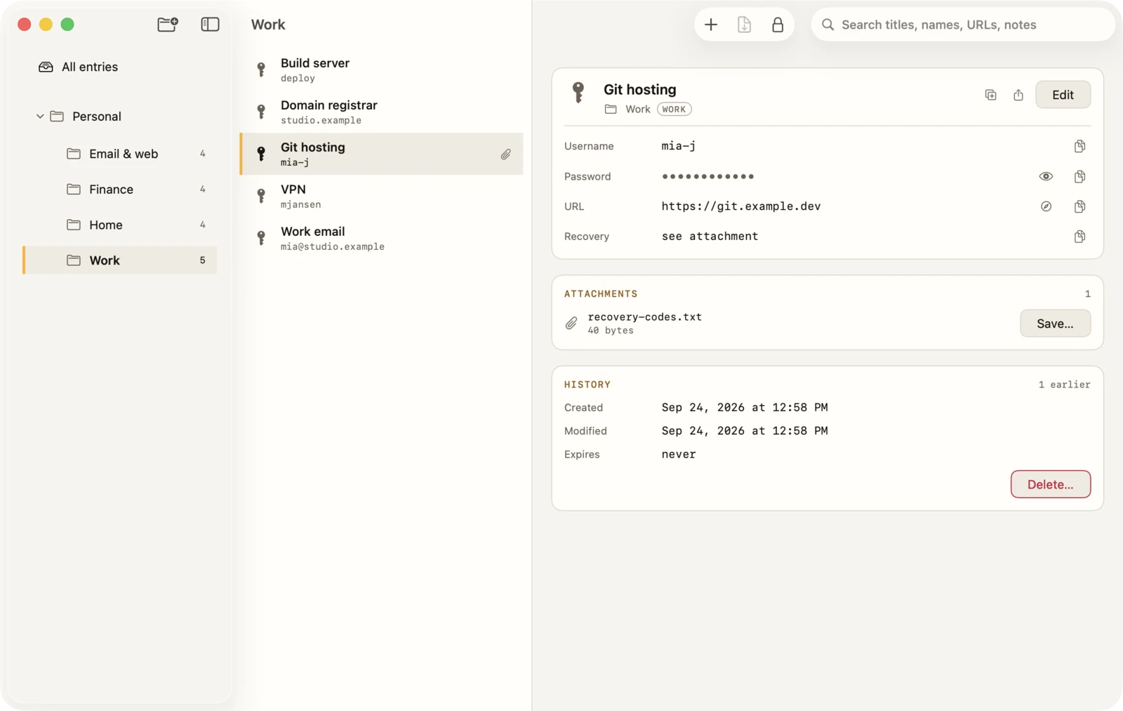 Keepasso on a Mac in the light theme: the Work group selected in the sidebar, its five entries in the middle, and the Git hosting entry on the right with a masked password, a recovery field and its recovery-codes attachment.