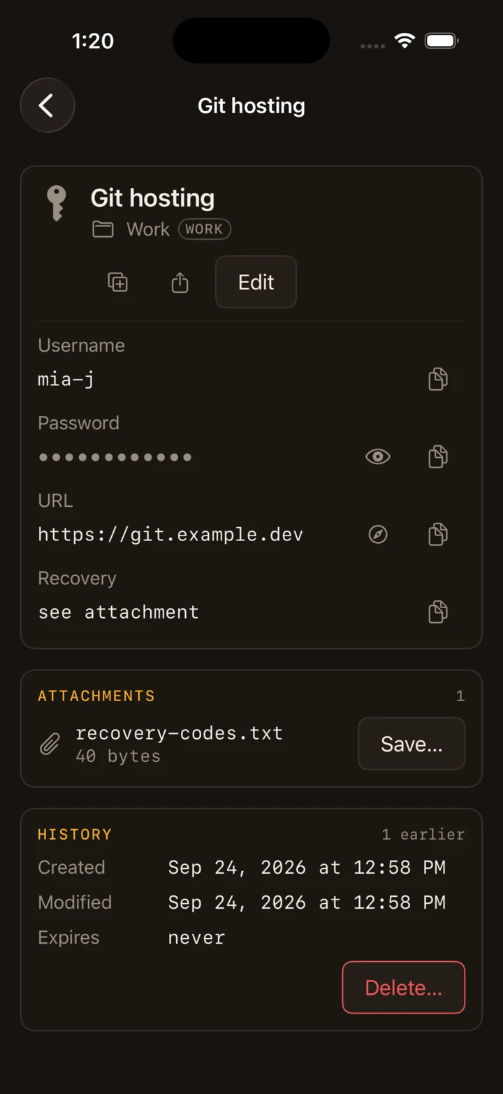 Keepasso on an iPhone in the dark theme: the Git hosting entry with its user name, a masked password, its URL, a recovery field and a recovery-codes attachment.