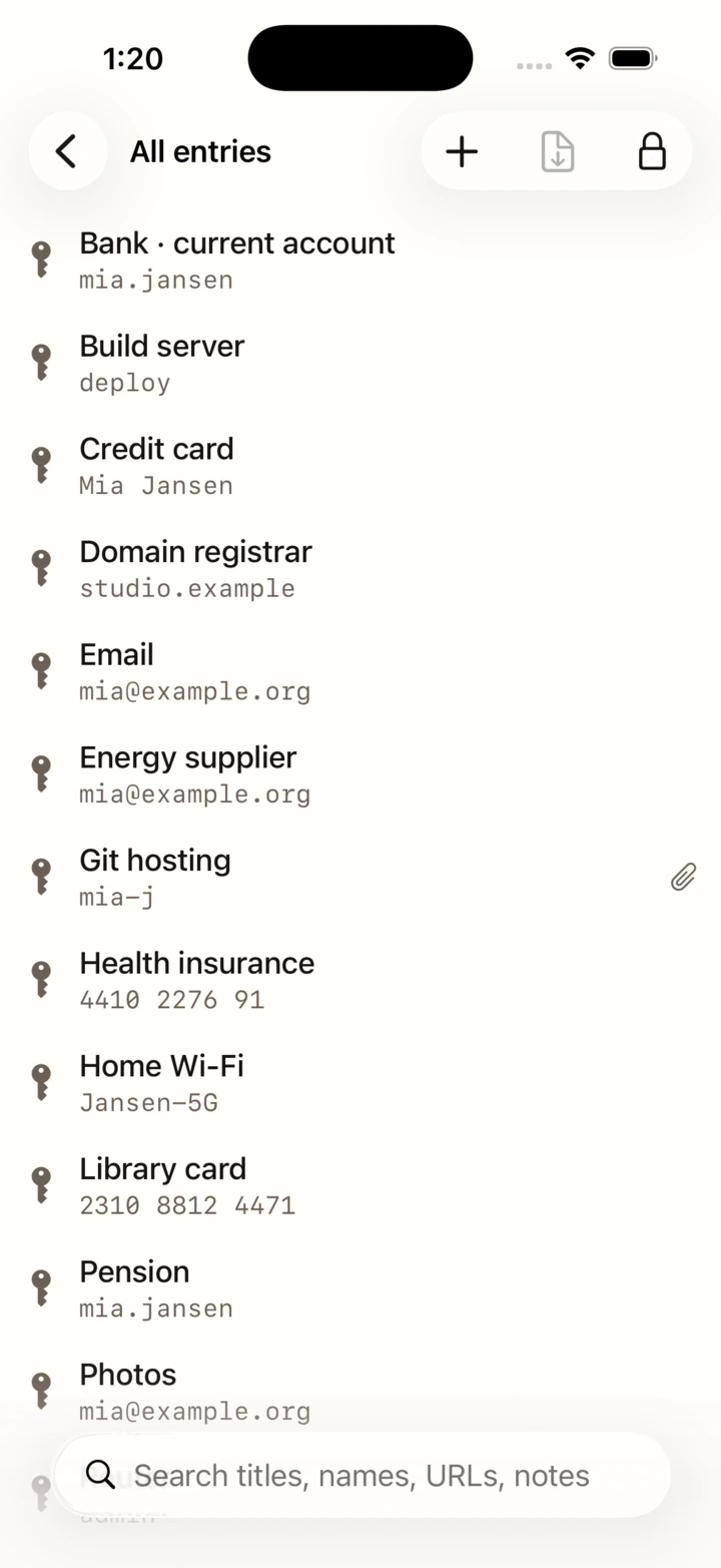 All entries on an iPhone in the light theme: Bank current account, Build server, Credit card, Domain registrar, Email and more, each with its user name, and the search field at the foot.