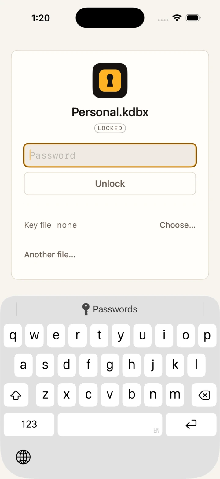 The Keepasso lock screen on an iPhone in the light theme: the mark, Personal.kdbx, the word locked, one password field and an Unlock button.