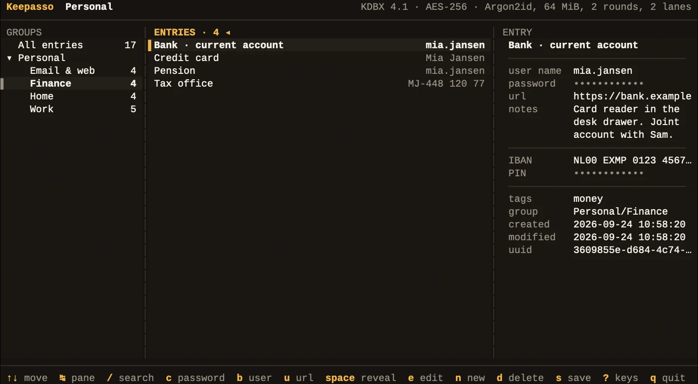 kp ui in a terminal: a header with the file's cipher and key derivation, the group tree with Finance selected, its four entries with Bank current account selected, and the entry's fields with the password and PIN as twelve dots.